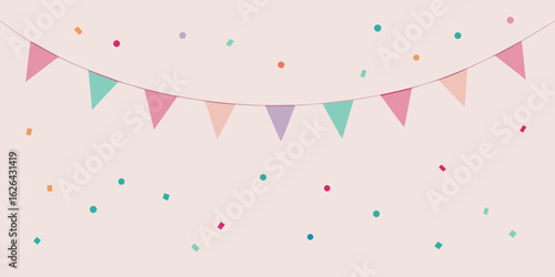 A seamless pink floral birthday wallpaper design featuring a vector illustration of party balloons and heart confetti with a colorful summer leaf pattern for celebration cards