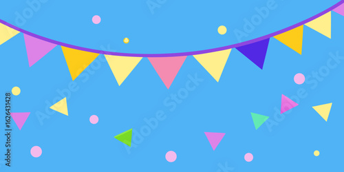 Colorful birthday party illustration featuring a geometric pattern of pink balloons and confetti with carnival bunting flags and star shapes on a blue wallpaper background vector design