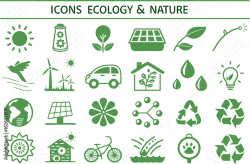 Green icons representing ecology nature and sustainability