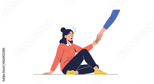 A distressed young woman sitting on the ground is offered a helping hand, symbolizing support and assistance in a challenging situation.