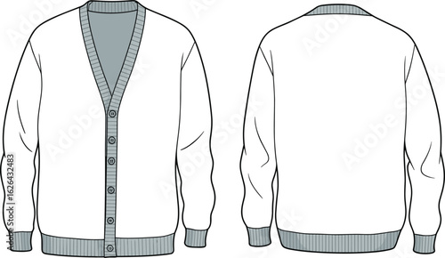 White cardigan sweater front and back view, V-neck, ribbed cuffs and hem, button-down design, flat vector, CAD drawing illustration