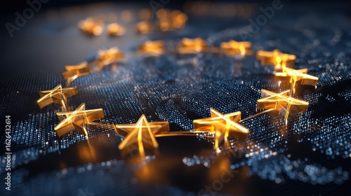 A glowing ring of golden stars forms a circle above a digital map of Europe, symbolizing unity and the European Union