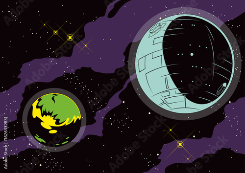 Space Panorama Vector Illustration, Unknown Planet, Iron Planet, Nebula, Stars Background. Vintage Colors, Old Comics Style 