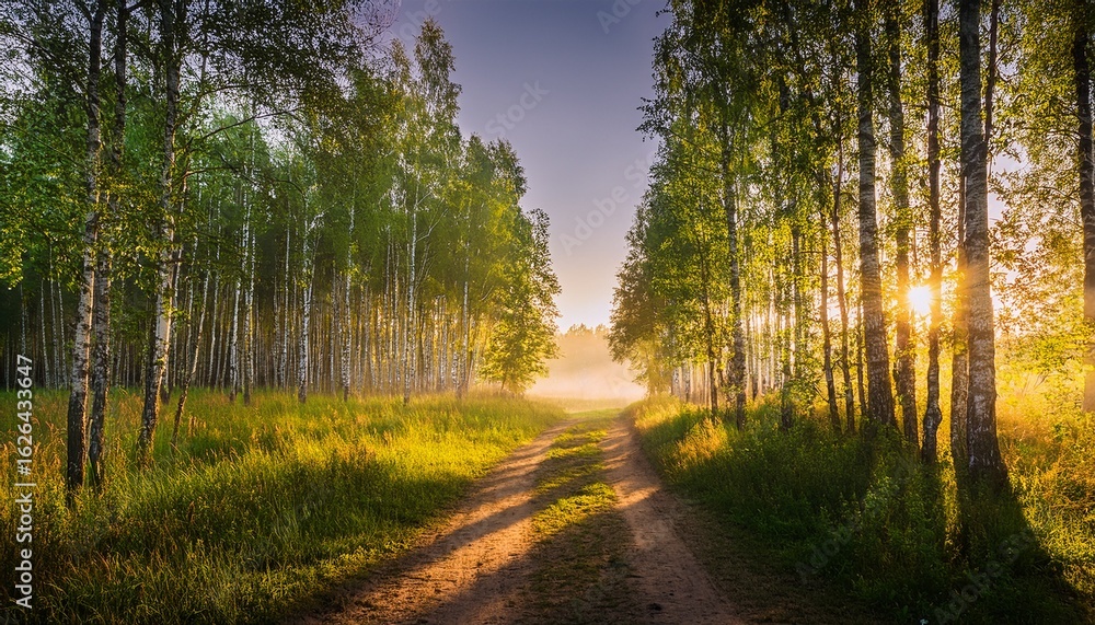 a dirt road passing through a birch grove permeated through the rays of the morning sun a dirt road passing through a birch grove permeated through the rays of the morning sun