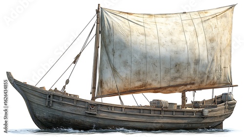 Detailed illustration of an aged wooden sailing vessel.