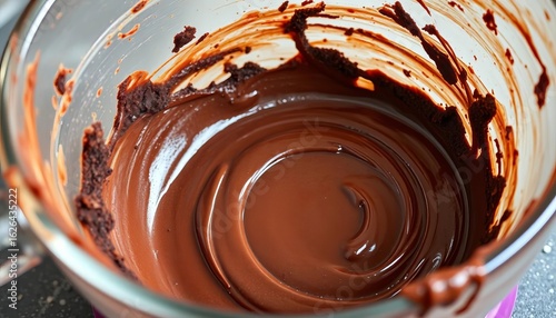 Chocolate brownie batter remnants clinging to a mixing bowl's sides and bottom,  ingredients,  chocolate