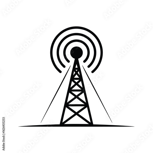 Black and white icon of a radio tower with signal waves