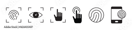Line vector icons of financial security: biometric check, passcode input, safe vault, identity verify, security update, warning icon, authentication lock, firewall protection.