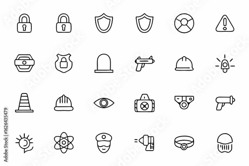 A versatile set covering personal safety measures and public security symbols. Useful for community programs, personal protection gear, and safety awareness campaigns