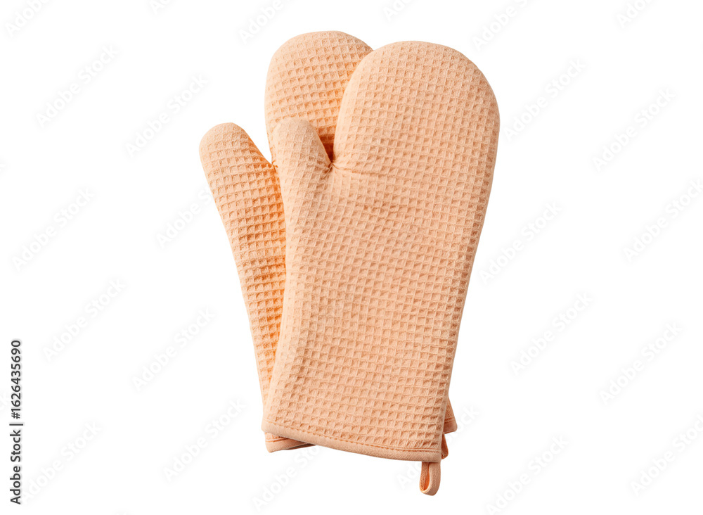Pair of beige silicone oven mitts with textured grip isolated on transparent background Pair of beige silicone oven mitts with textured grip isolated on transparent background