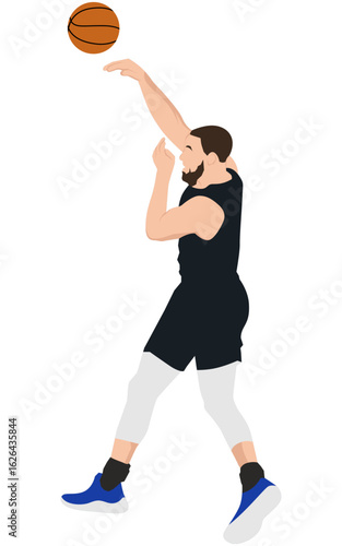 Bearded professional basketball player in black jersey making a good passing. Vector illustrations sportsmen throw ball in from his hand. Athlete wearing blue shoes. Playmaker player pass the ball.