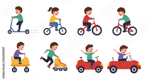 A set of cartoon illustrations depicting children engaging in various outdoor activities with different modes of transport, including scooter, bicycle, roller skates, and toy cars.