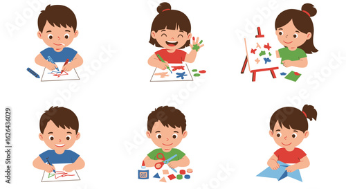 Six cartoon children engaged in various art activities, including drawing, painting, cutting, and making origami.