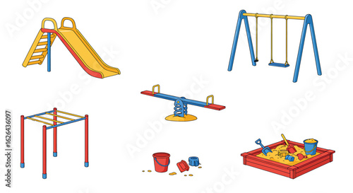 Colorful playground equipment illustrations, including slide, swing set, seesaw, monkey bars, and sandbox.