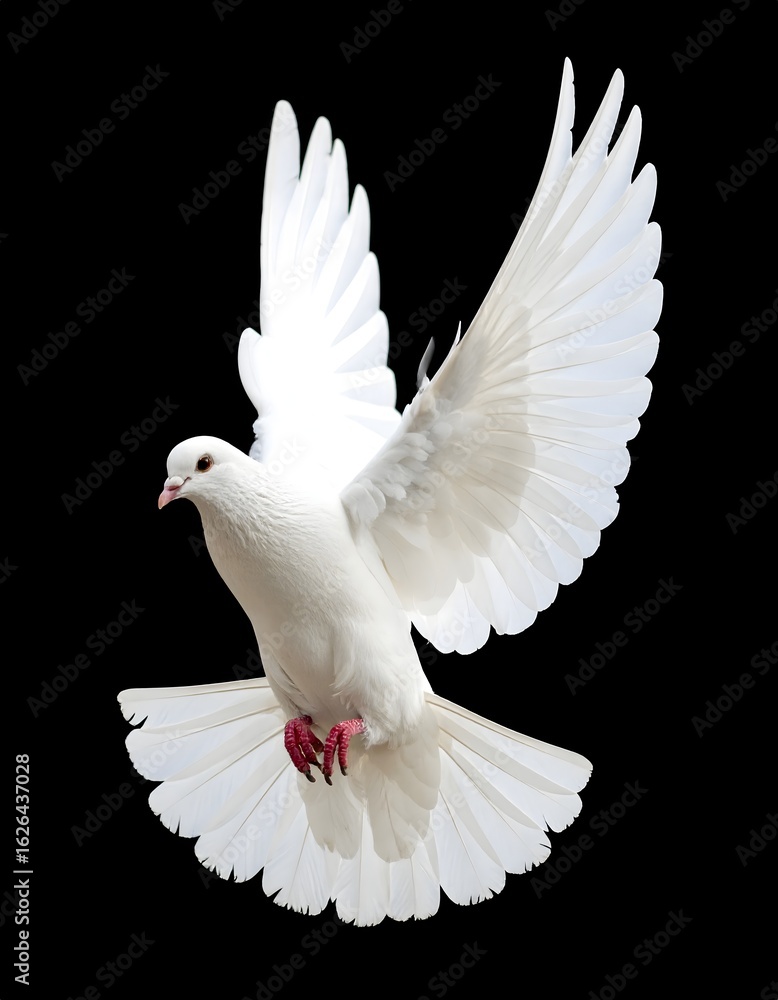 Fototapeta premium Flying white pigeon with spread wings on black background, symbol of peace and purity