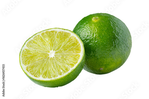 Fresh lime fruit, cut in half, isolated on black background.