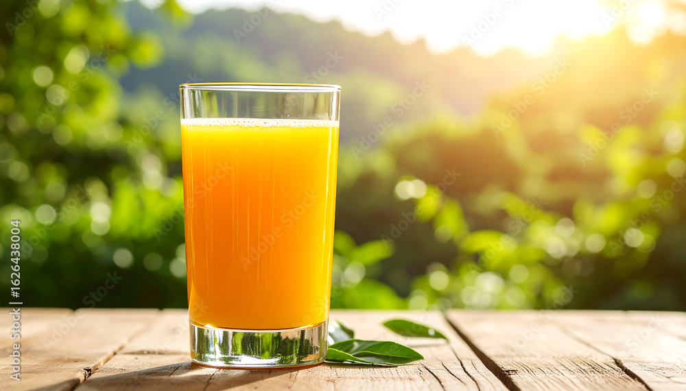 Fototapeta premium Fresh orange juice glass on wooden table with green leaves and sunlight in background