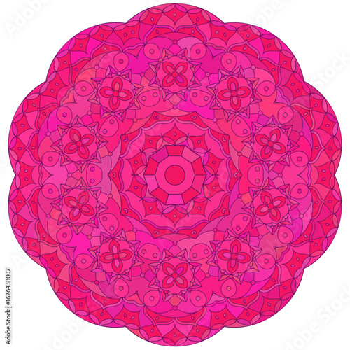 Asian red floral mandala. Vector ethnic circular ornament. Stylish design in vivid shades
