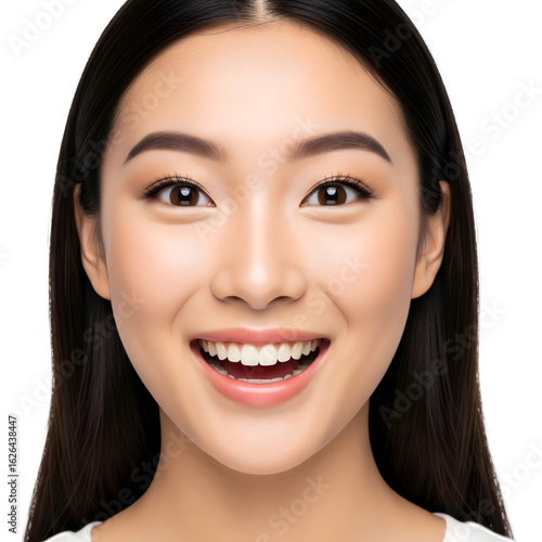Portrait of a beautiful young East Asian woman with a joyful and excited smile. Close-up headshot on a white background.