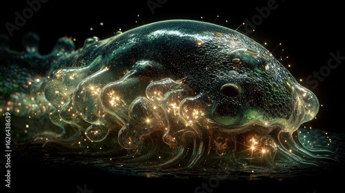 Bioluminescent amorphous form, with a gelatinous structure & glowing particles, set against black background