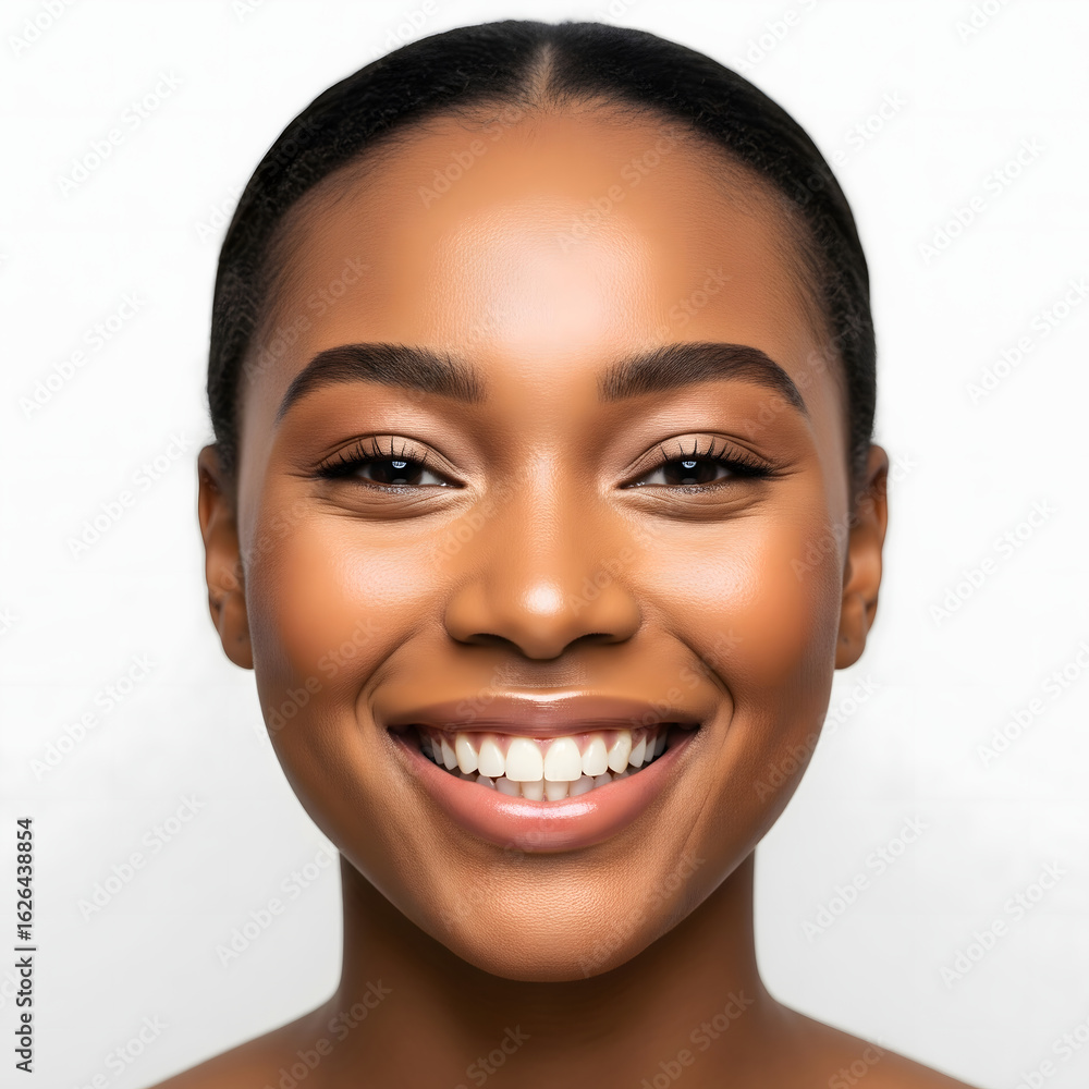 Close-up portrait of a beautiful young woman with a radiant smile and flawless glowing skin against a clean white background. Close-up portrait of a beautiful young woman with a radiant smile and flawless glowing skin against a clean white background.