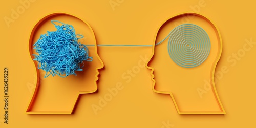 Two head shapes with tangled and ordered strings on yellow background, mental disease or disorder, psychology concept