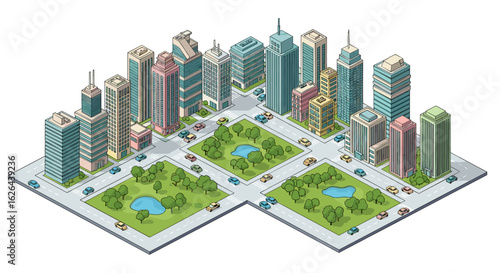 Isometric Pixel Art Cityscape with Parks and Cars