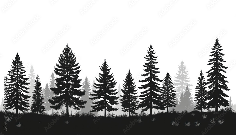 Obraz premium Tranquil forest scene featuring tall trees with gray bark and green needles against light gray sky. Trees scattered throughout landscape in foreground and distance creating depth.