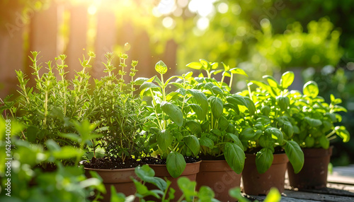 Herb garden with fresh green plants in pots under warm sunlight, creating peaceful and vibrant outdoor atmosphere
