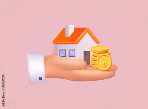 Hand holding house and coins representing property investment or home loan. 3D Vector Illustration