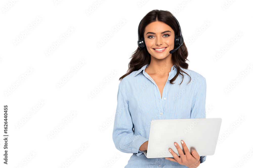 Smiling customer service agent with headset and laptop Smiling customer service agent with headset and laptop