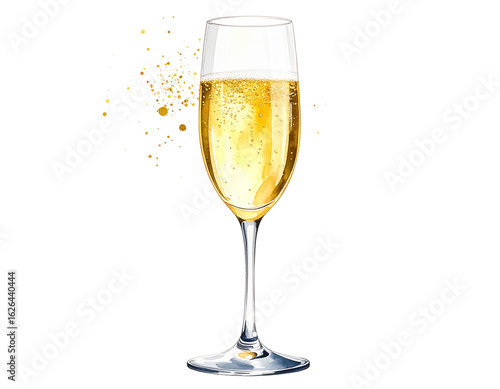 Single Watercolor Champagne Glass with Gold Sparkles, Minimalist Design, isolated on transparent background PNG