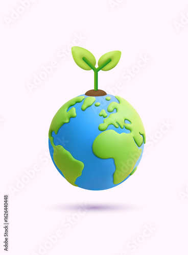 grovePlanet Earth with green sprout growing on top, symbolizing eco-friendly planet. 3D Vector Illustration