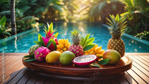 Fototapeta Naklejka Na Ścianę i Meble -  A stunning display of tropical fruits by a shimmering pool on a sunny day.