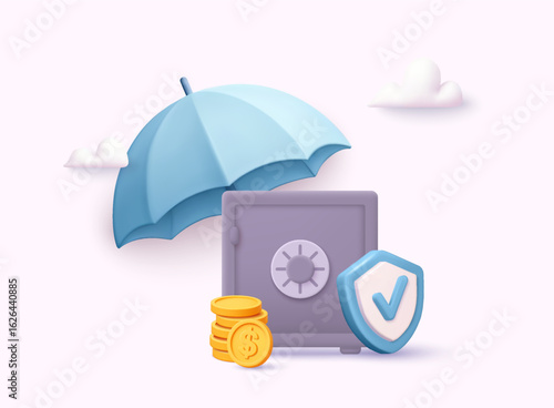 Safe deposit box with coins and shield under umbrella, illustrating financial security. 3D Vector Illustration