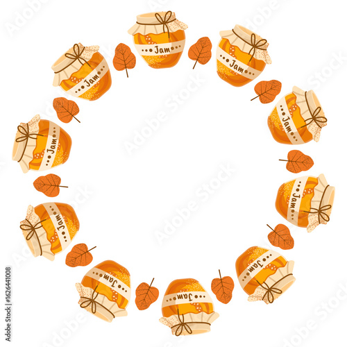 Round autumn frame with pumpkin jam and leaves. Suitable for decoration, printing, menu