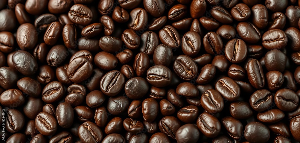 Fototapeta premium Close-up of dark roasted coffee beans, rich, oily sheen, macro, rich