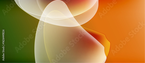 Abstract shapes blend, creating warm color gradients. Soft curves suggest movement, light interplay defines form. Minimalist design evokes calm feeling.