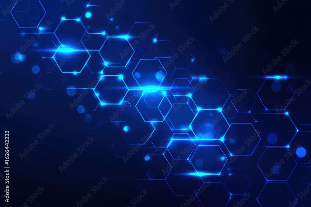 Fototapeta premium Glowing blue hexagons form a futuristic, abstract digital network on a dark background with light effects
