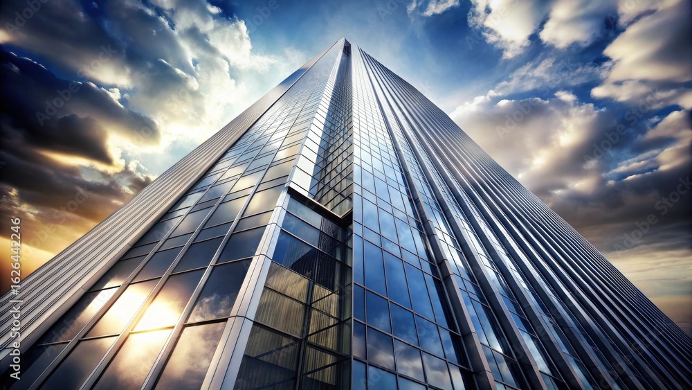 Fototapeta premium Modern Glass Skyscraper Reaching for a Dramatic Sunset Sky