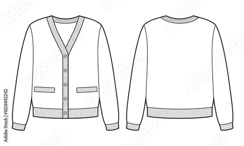 Woman knitted classic cardigan technical sketch