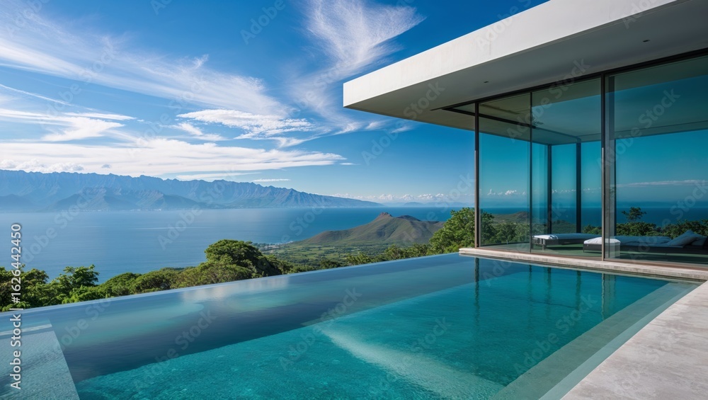 Fototapeta premium Spectacular oceanfront villa featuring an infinity pool with panoramic views under a bright blue sky.