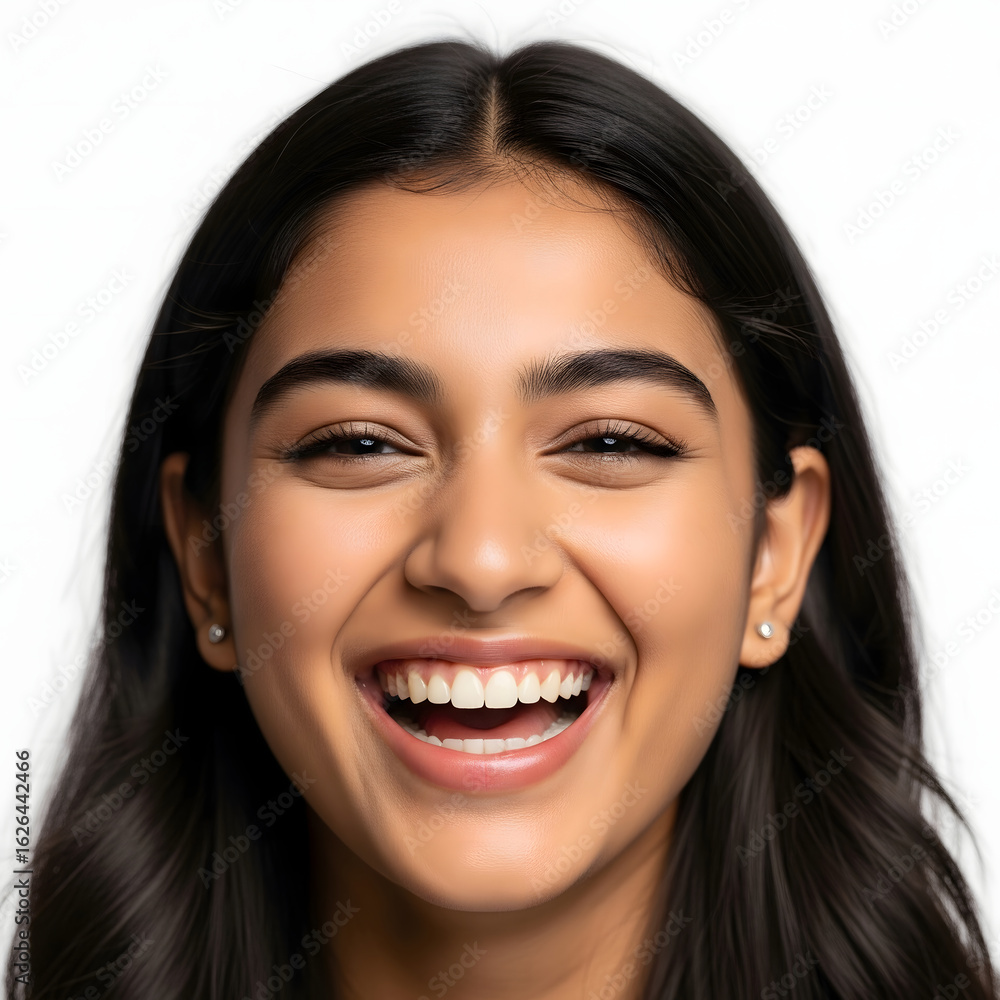Joyful young woman with a radiant smile laughing heartily. Close-up studio portrait expressing genuine happiness and positivity. Joyful young woman with a radiant smile laughing heartily. Close-up studio portrait expressing genuine happiness and positivity.
