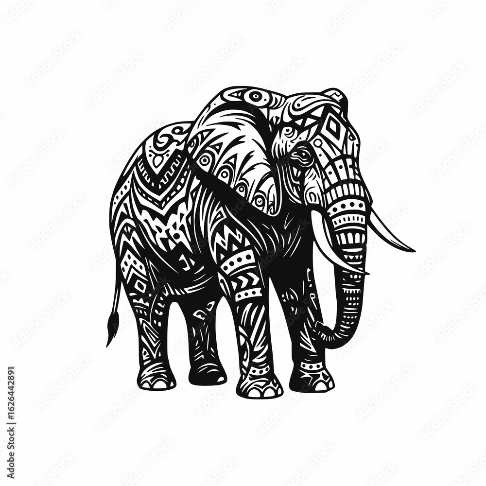 Fototapeta premium stylized elephant in black and white, tribal style, bold vector lines