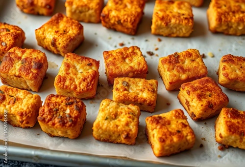 Crispy golden-brown tofu nuggets arranged on a baking sheet, food styling, close-up