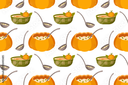 Seamless pattern pumpkin cream soup. Hand drawn soup bowl, spoon, pumpkin. Festive dinner illustration suitable for menu design, cards, invitations, fabric