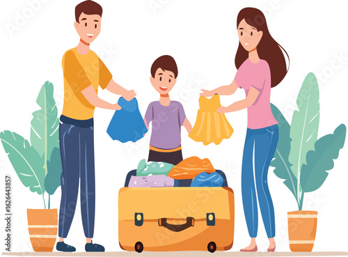 Family members putting clothes into luggage, checking travel list, and happy mood
