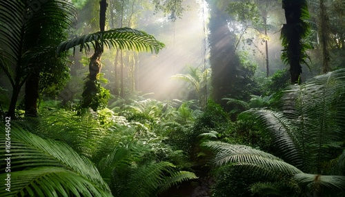 exploring a lush prehistoric jungle filled with giant ferns and vibrant greenery under soft sunlight and misty atmosphere