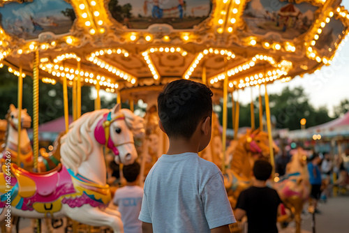 A child stares in awe at a brightly lit carousel. Magic in the air! Childhood dreams begin on a carousel ride.