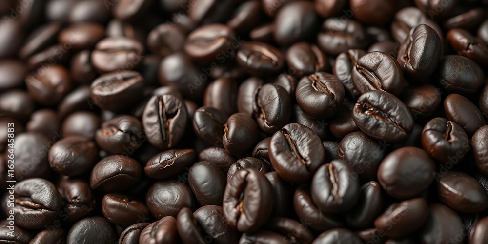Fototapeta premium Dark, oily roasted coffee beans close-up, showcasing rich texture, drink, dark roast